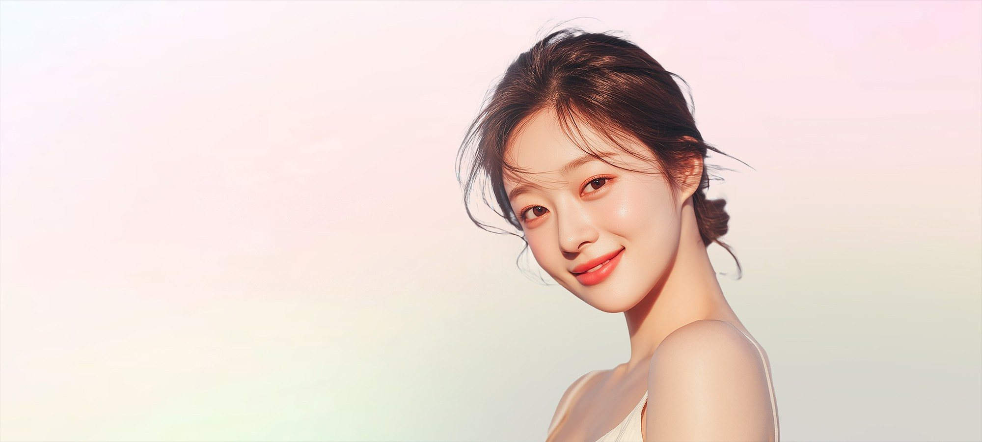 고개를 기울이고 미소 짓는 올림머리 여성 모델(파스텔 그라데이션 바탕)