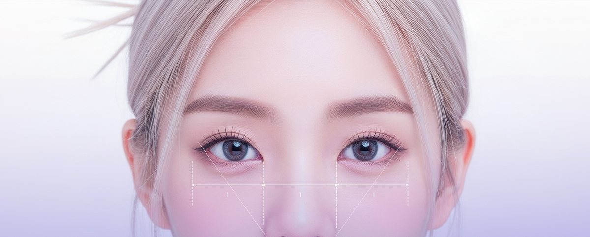정면 여성 모델의 눈·코와 눈 비율 1:1:1 흰 점선 도식(보라빛 그라데이션)