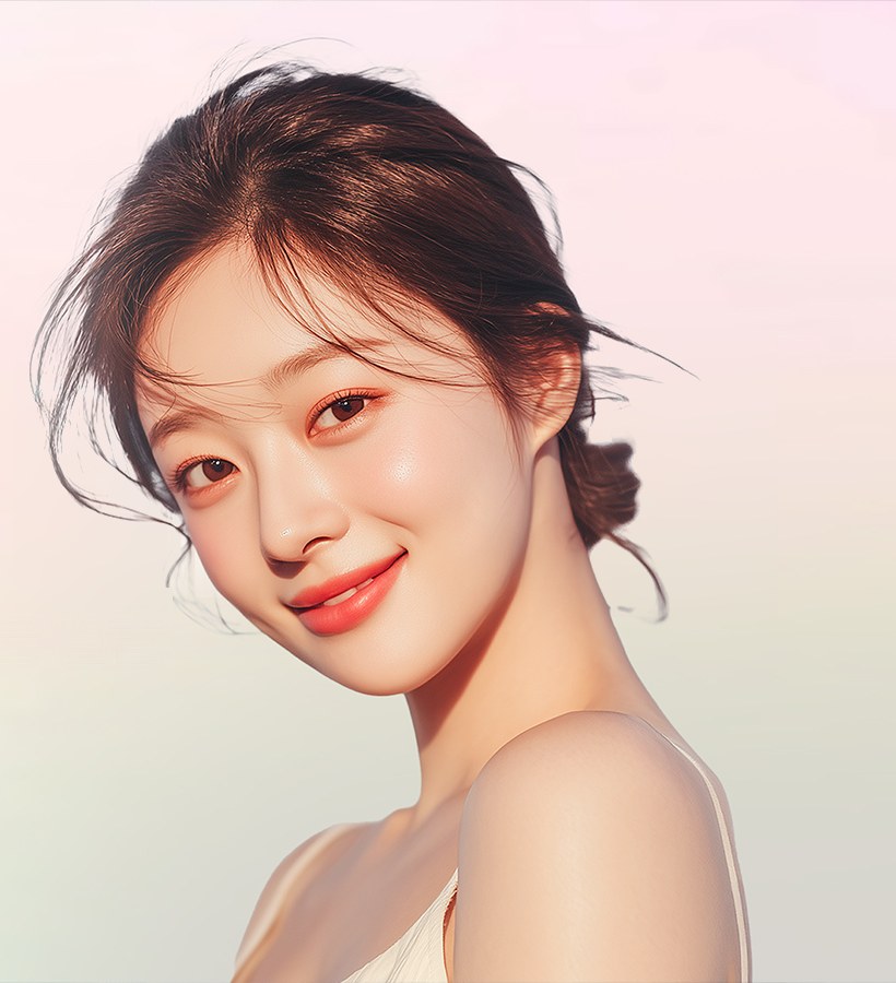 고개를 기울이고 미소 짓는 올림머리 여성 모델(파스텔 그라데이션 바탕)